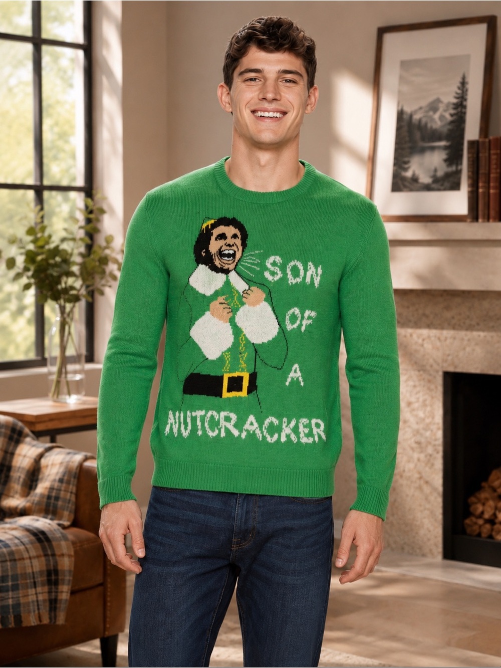 Elf Movie Buddy Son of Nutcracker Ugly Christmas Sweater Mens Green Holiday NWT